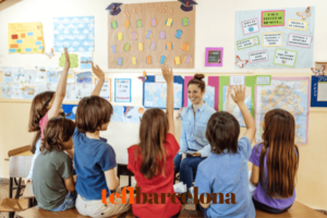 Teacher happily teaching a motivated group of students