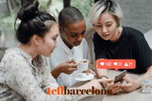 students discussing social media strategy