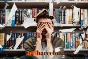 Student covering his eyes and books flying