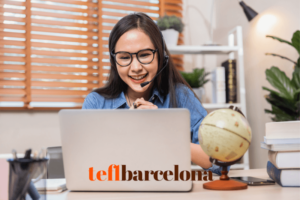 Lady teaching online, globe on the desk