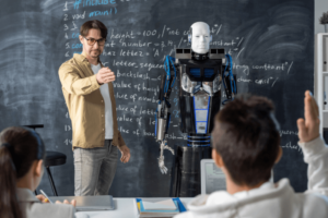 Teacher and a robot in fron of the class